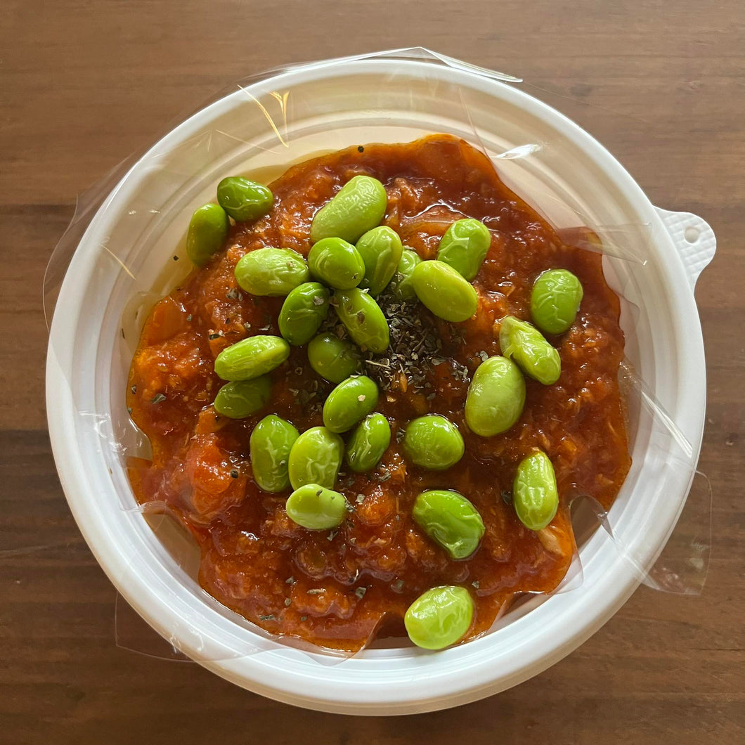 茄子とインゲンのドライカレーソース　ツナトマト枝豆の冷製ソース　林檎とキャラメルのケーキ（タルトタタン風）（8/29　発送分）