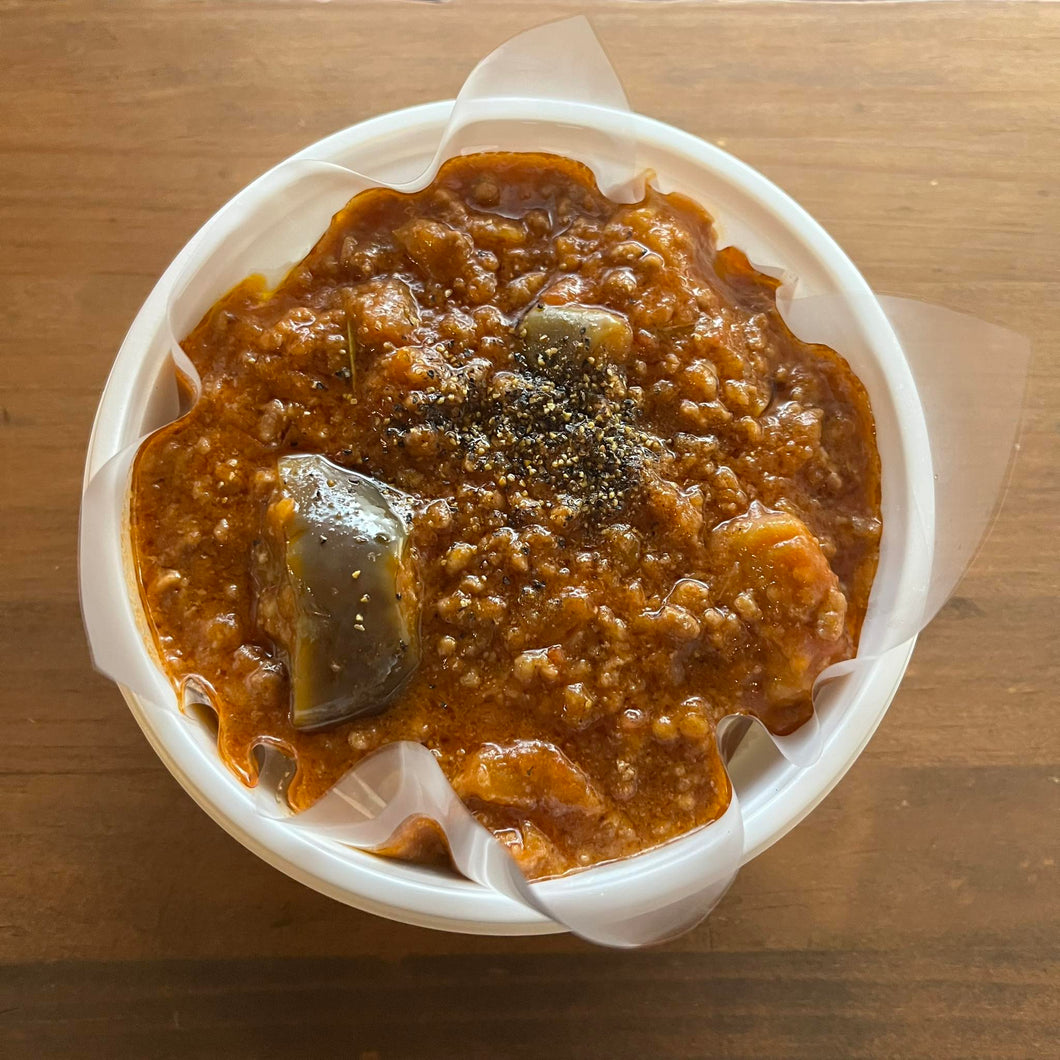 茄子のミートライスソース　イカと菜の花のアラビアータソース　チョコレートのテリーヌ（10/24　発送分）